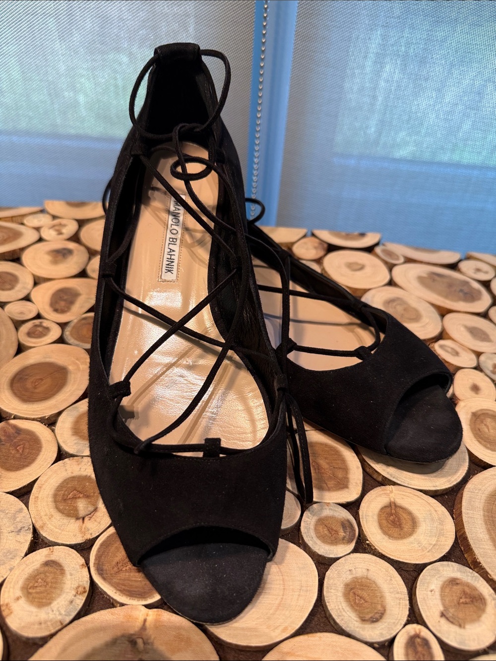 Manolo Blahnik Black Suede Lace-Up Peep-Toe Flats
